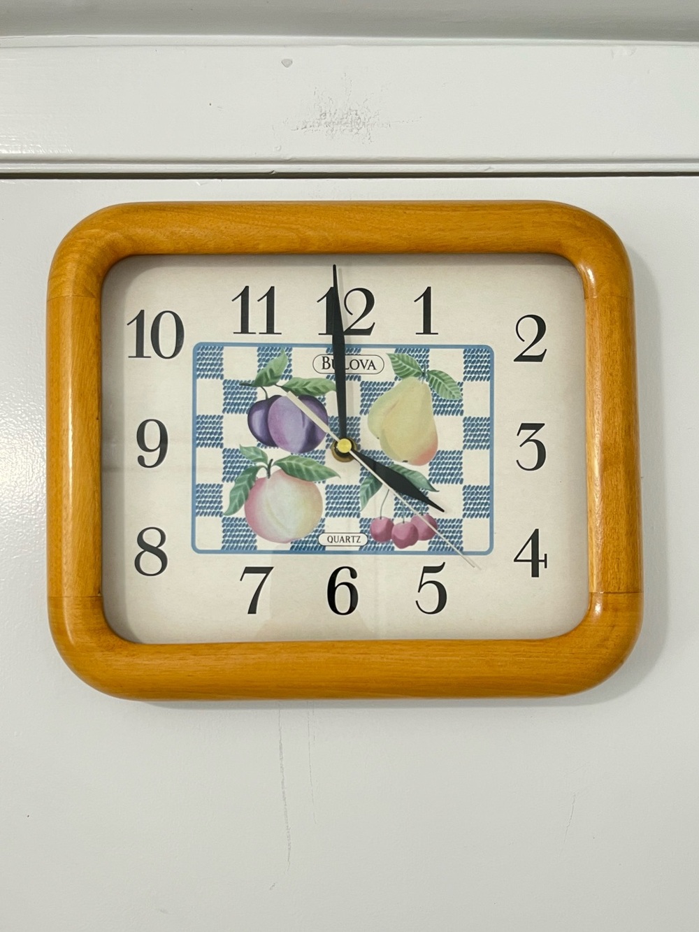 Vintage Bulova Quartz Wall Clock Light Wood Frame Summer Fruit-themed - Working